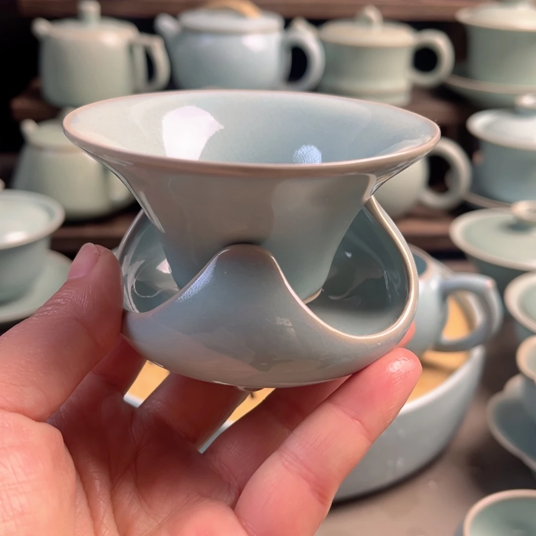 陶摆件瓷天青釉斗笠茶漏