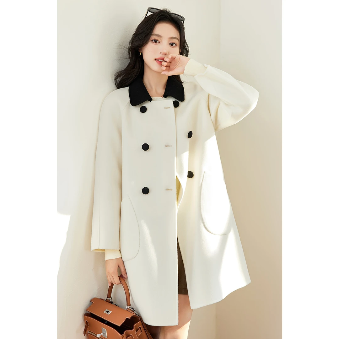 H朗文斯汀冬新款时尚遮肉显瘦双排扣撞色翻领气质毛呢大衣外套