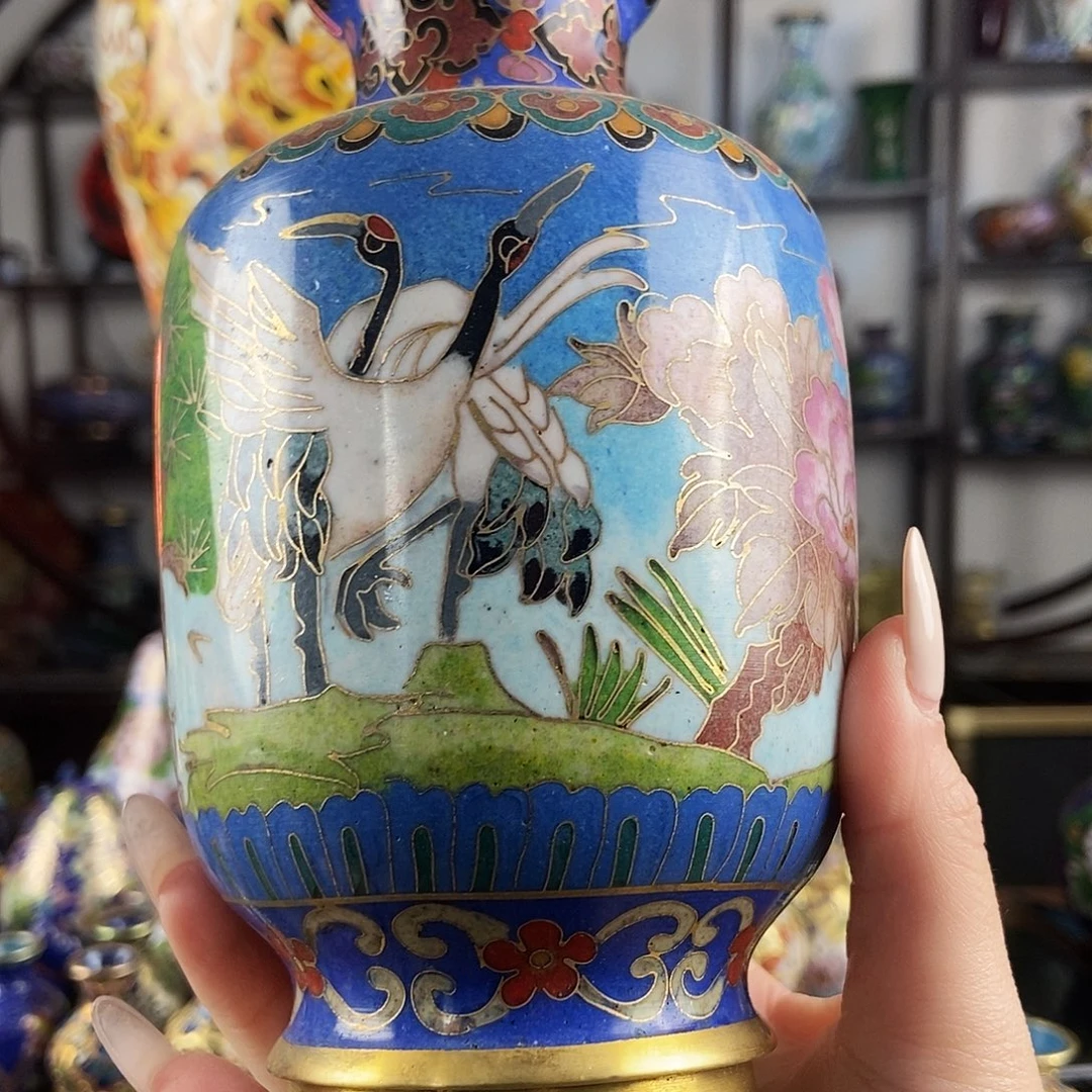 上***诺铜景泰蓝松鹤延年瓶子