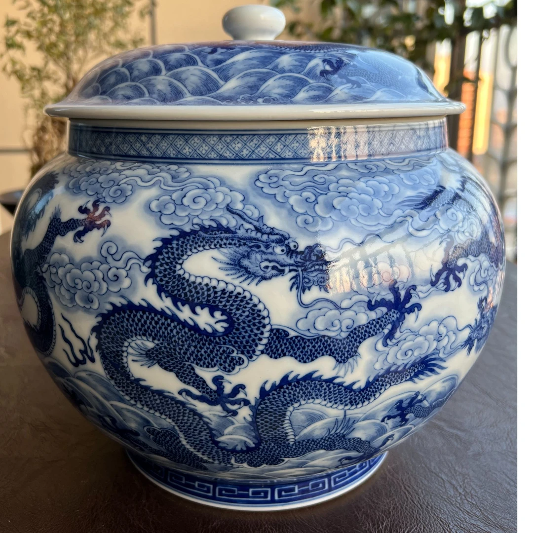 黄振匠造龙纹釉下青大号中式纯手工名窑密封复古茶叶罐