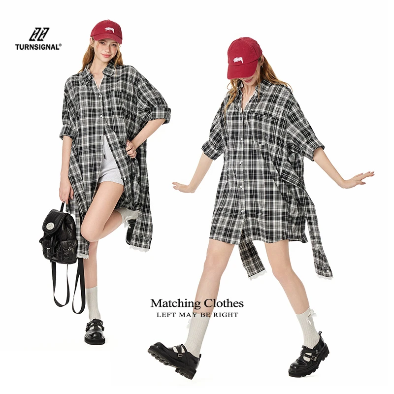 TurnSignal潮牌格子衬衫连衣裙女夏季2025新款休闲气质收腰显瘦夏