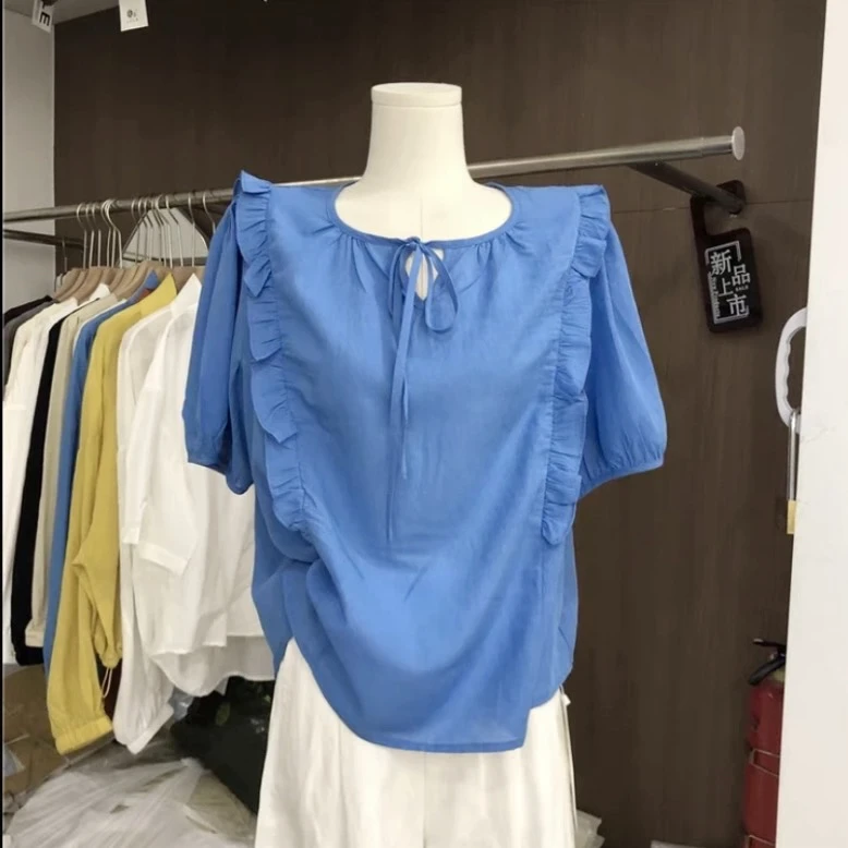 新疆包邮【170】绑带木耳边短袖衬衫-衣长63