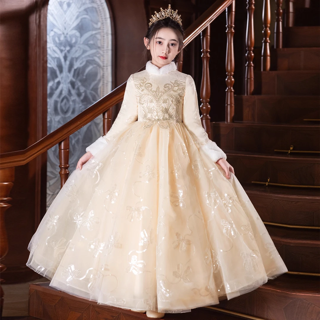 女童礼服秋冬花童婚礼小女孩儿童生日公主裙高端主持人钢琴演出服