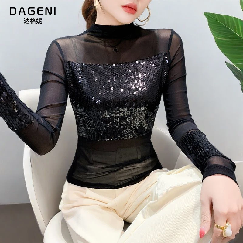 重工亮片网纱t恤女长袖内搭打底衫2025春季新款性感修身显瘦上衣