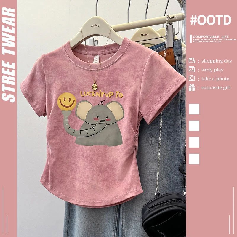 纯棉插肩短袖T恤衫女夏季褶皱设计感收腰修身短款扎染上衣小个子