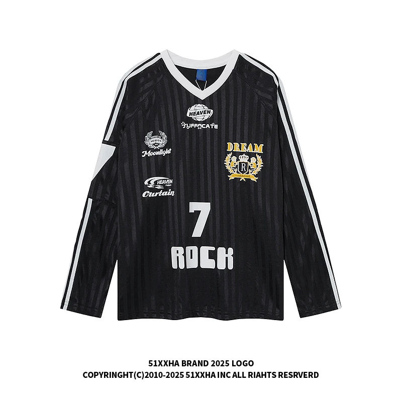 51嘻哈美式高街字母印花7号V领球衣男女潮牌vibe宽松运动长袖T恤