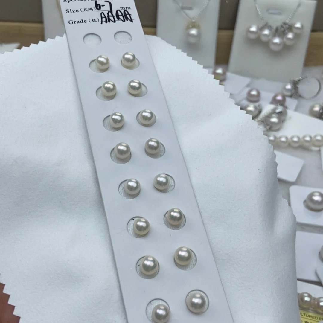 银S925镶嵌6-7无核淡水珍珠无核耳钉