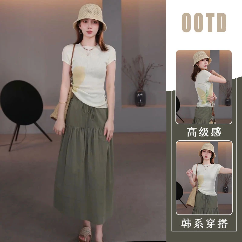 夏装2025年新款高腰显瘦半身裙+白色修身显瘦蝴蝶印花上衣两件套