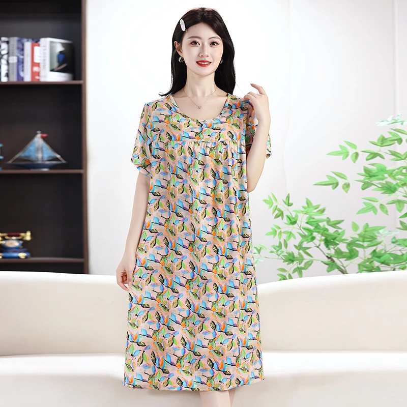 薄款时尚中长款印染简约夏季无袖绵绸睡裙碎花女士复古风宽松