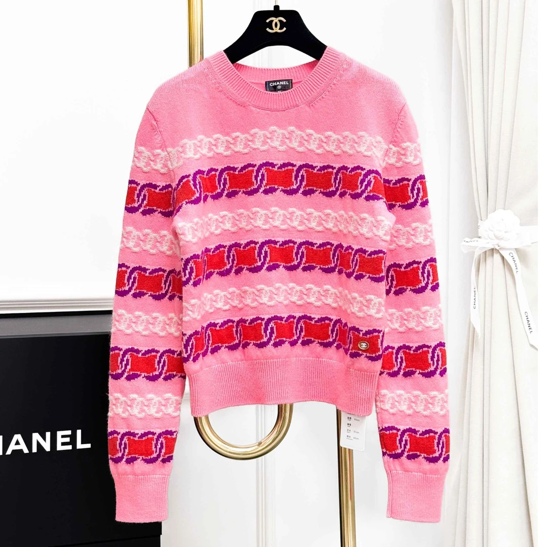 99新 Chanel/香奈儿  36码 粉色拼红色白色 双C 长袖 毛衣