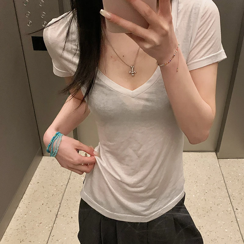 E7Q8 夏季天丝凉感V领显瘦短袖t恤女微透心机掐腰甜辣休闲小上衣