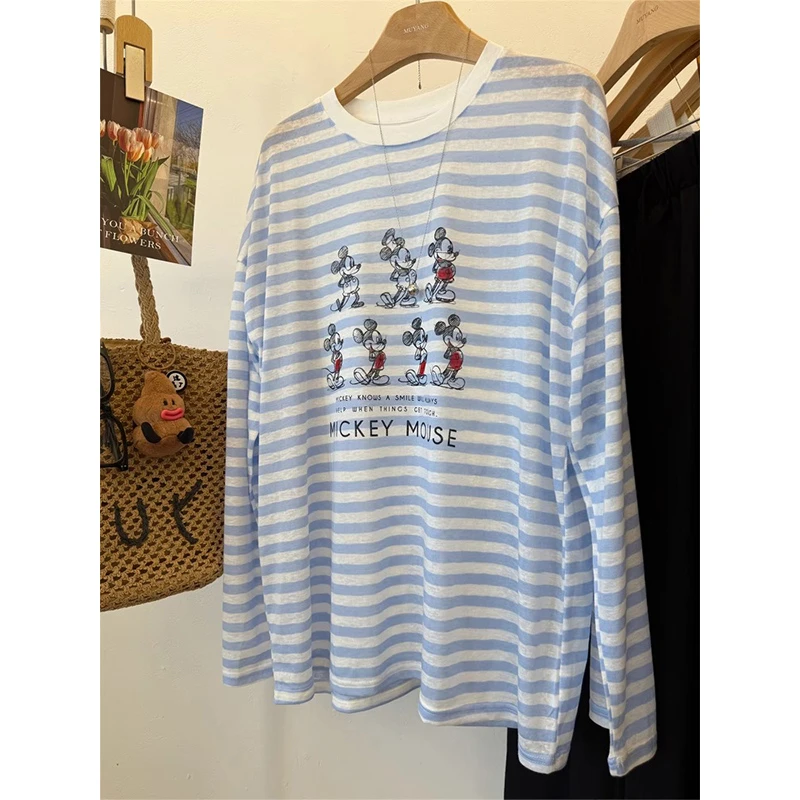 防晒雪花棉长袖T恤女夏季薄款200斤胖mm宽松大码舒适慵懒条纹