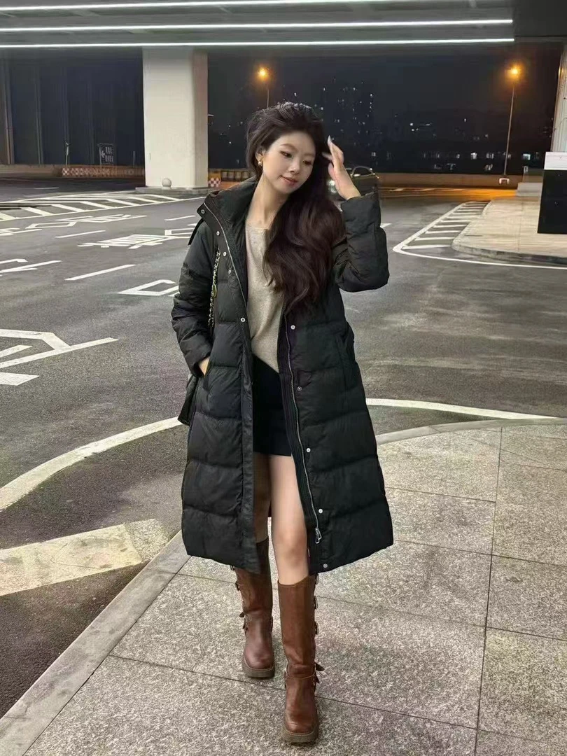 2024刘诗诗同款羽绒服加厚修身鸭绒过膝腰带长款显瘦保暖连帽外套