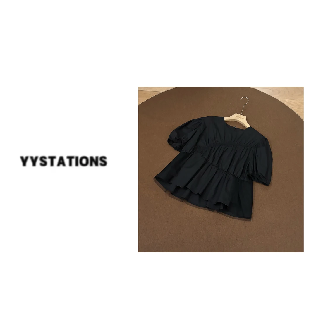 YYSTATIONS【海岸线！】 欧货时尚洋气小衫潮泡泡袖褶皱A字衬衫-8691