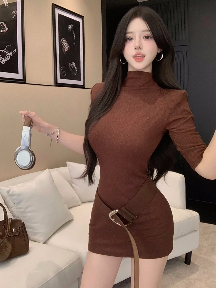 pinkmon||黑色半高领中袖连衣裙女秋收腰修身裙子御姐风气质紧身