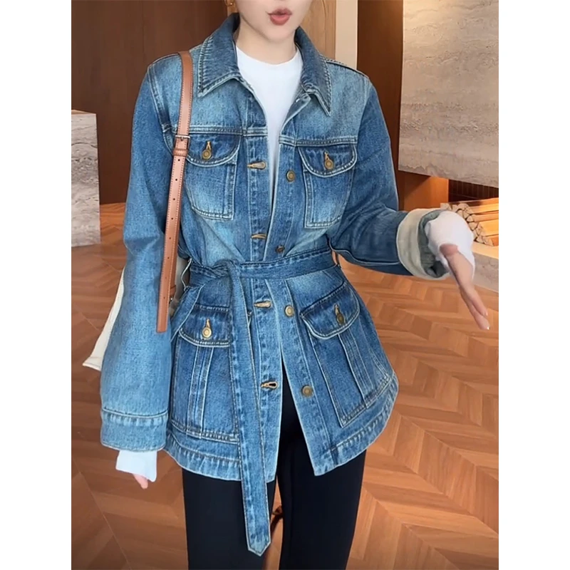 2025春秋新款复古蓝色翻领夹克外套女中长款减龄时尚牛仔开衫上衣