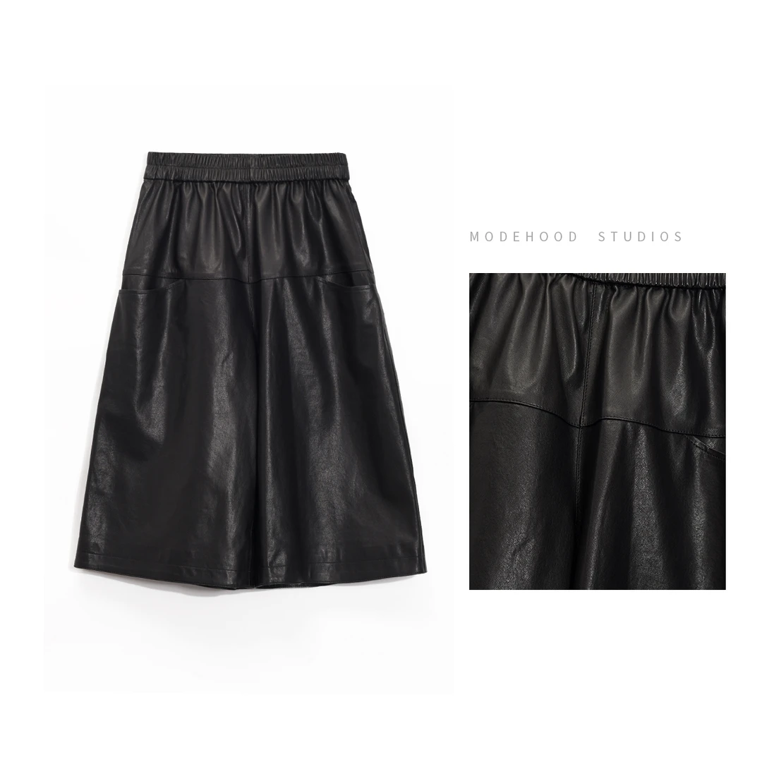 MODEHOOD伊凡【皮裤】2025秋冬高智感复古阔腿羊皮中裤短裤QZ-067