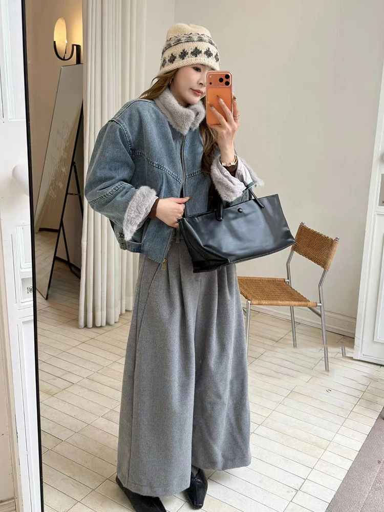 拼接牛仔外套女2025年冬季新款韩版保暖百搭显瘦夹克上衣潮