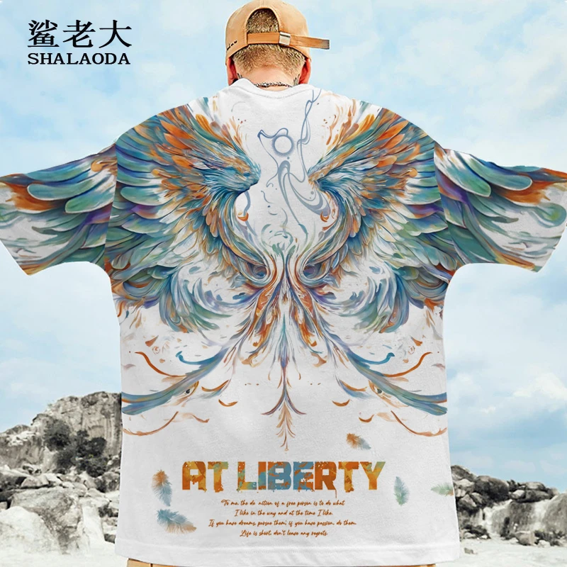 落肩短袖T恤男设计感小众翅膀印花夏季薄款半袖oversize圆领体恤