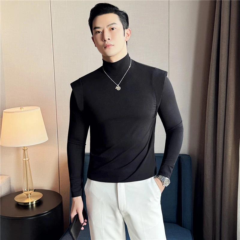 高级感层次拼接假两件长袖T恤男士时尚修身半高领弹力针织打底衫