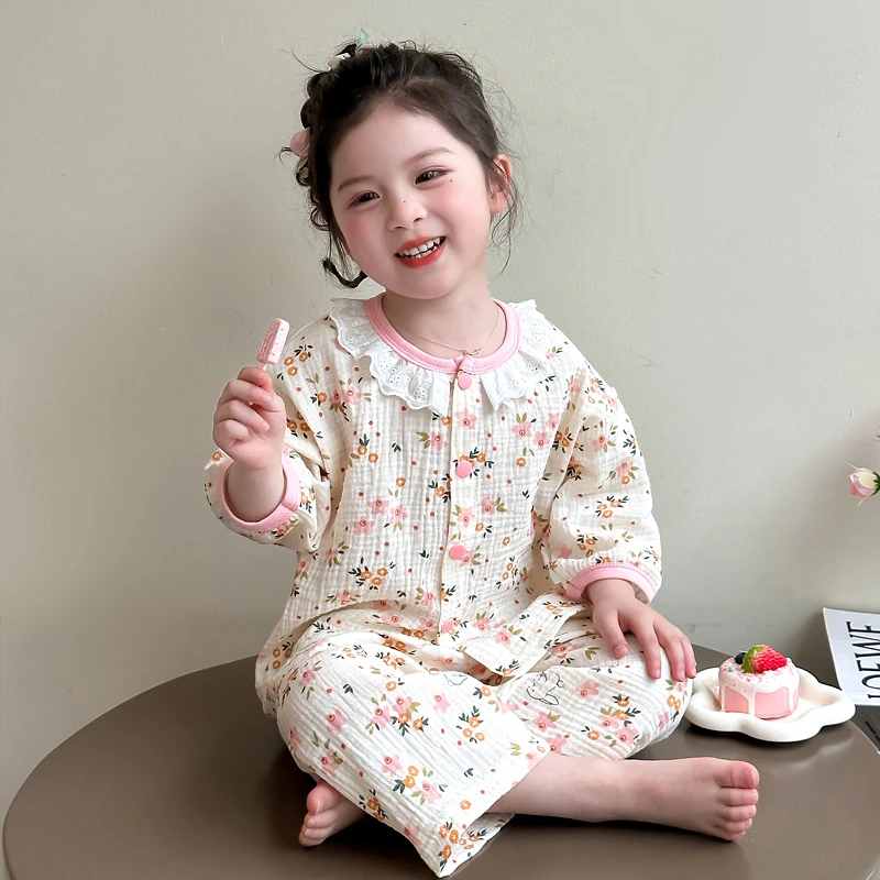 女童睡衣春秋款纯棉纱布儿童宝宝长袖长裤家居服套装空调服两件套