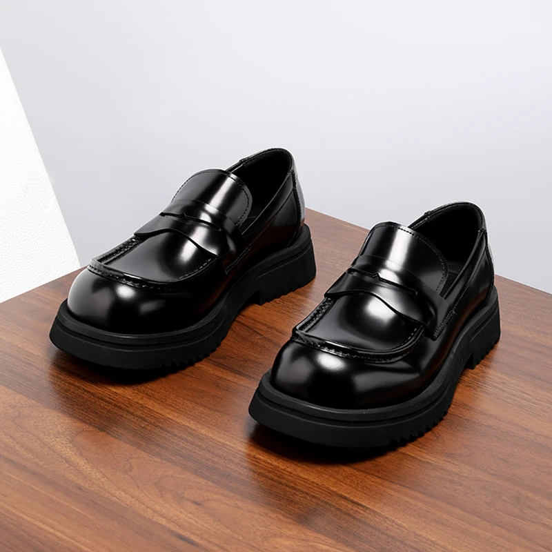 亮面皮鞋男款百搭真皮头层牛皮大头厚底增高休闲一脚蹬乐福鞋冬季