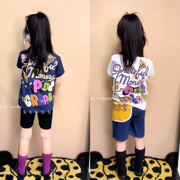 有有家·儿童高品质夏款日系百搭卡通复古拔印印花圆领短袖T恤401