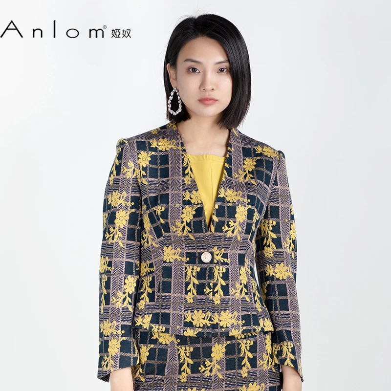 Anlom/娅奴春夏长袖新款无领格子休闲桑蚕丝针织衫女上衣开衫