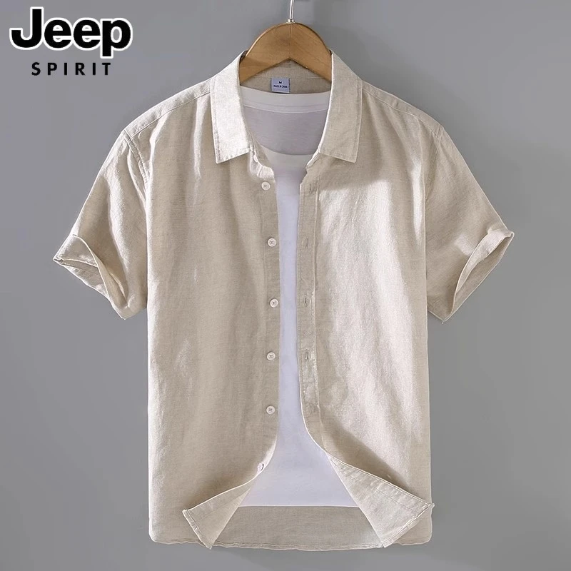 jeep吉普复古亚麻短袖衬衫男2025简约潮牌翻领半袖夏痞帅工装外套
