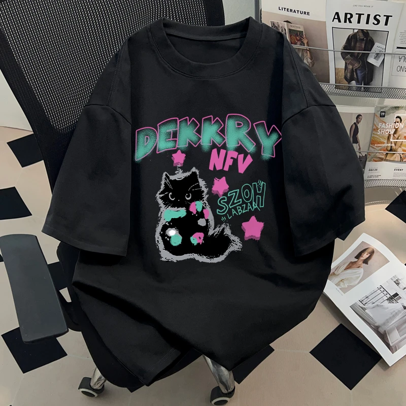 jtrt潮牌猫咪印花T恤男女夏季2024新款国潮oversize宽松圆领短袖