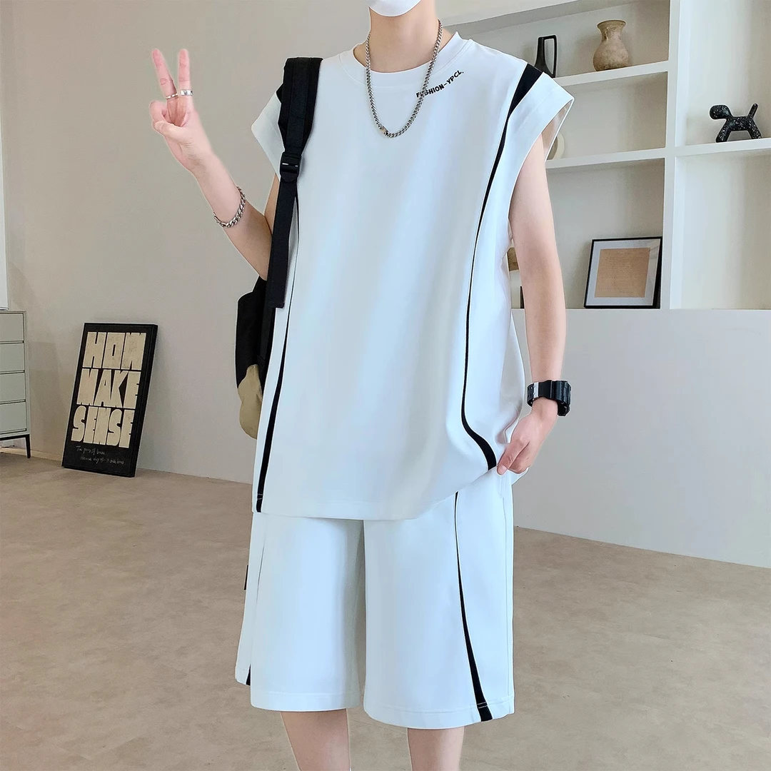 轻奢痞帅男装冰丝背心凉感男士休闲运动套装夏季短袖短裤两件套潮