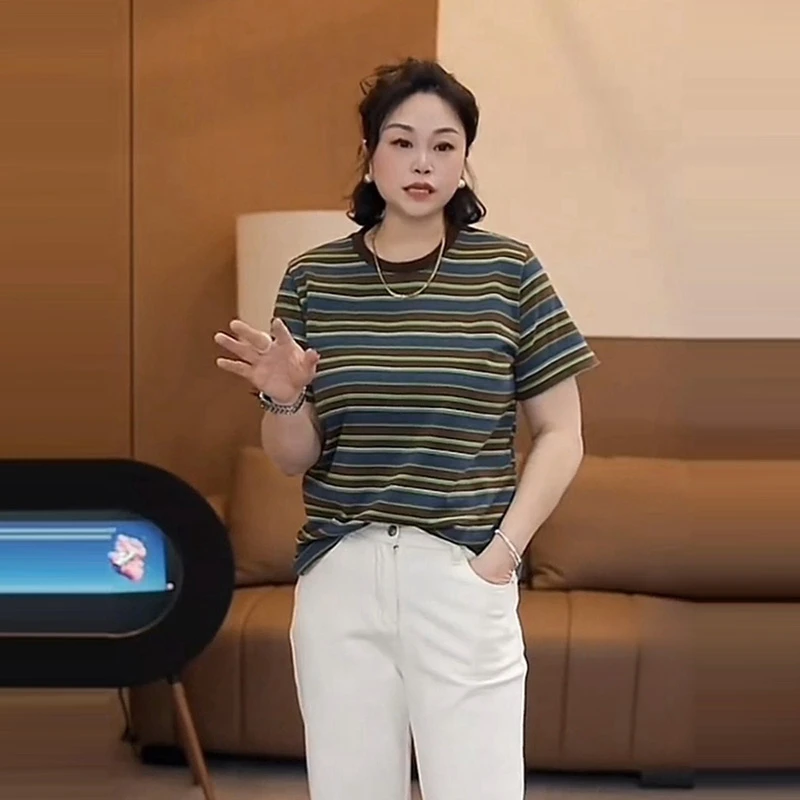 洋气减龄拼色条纹圆领短袖t恤女款夏季时尚高级感休闲风显瘦上衣