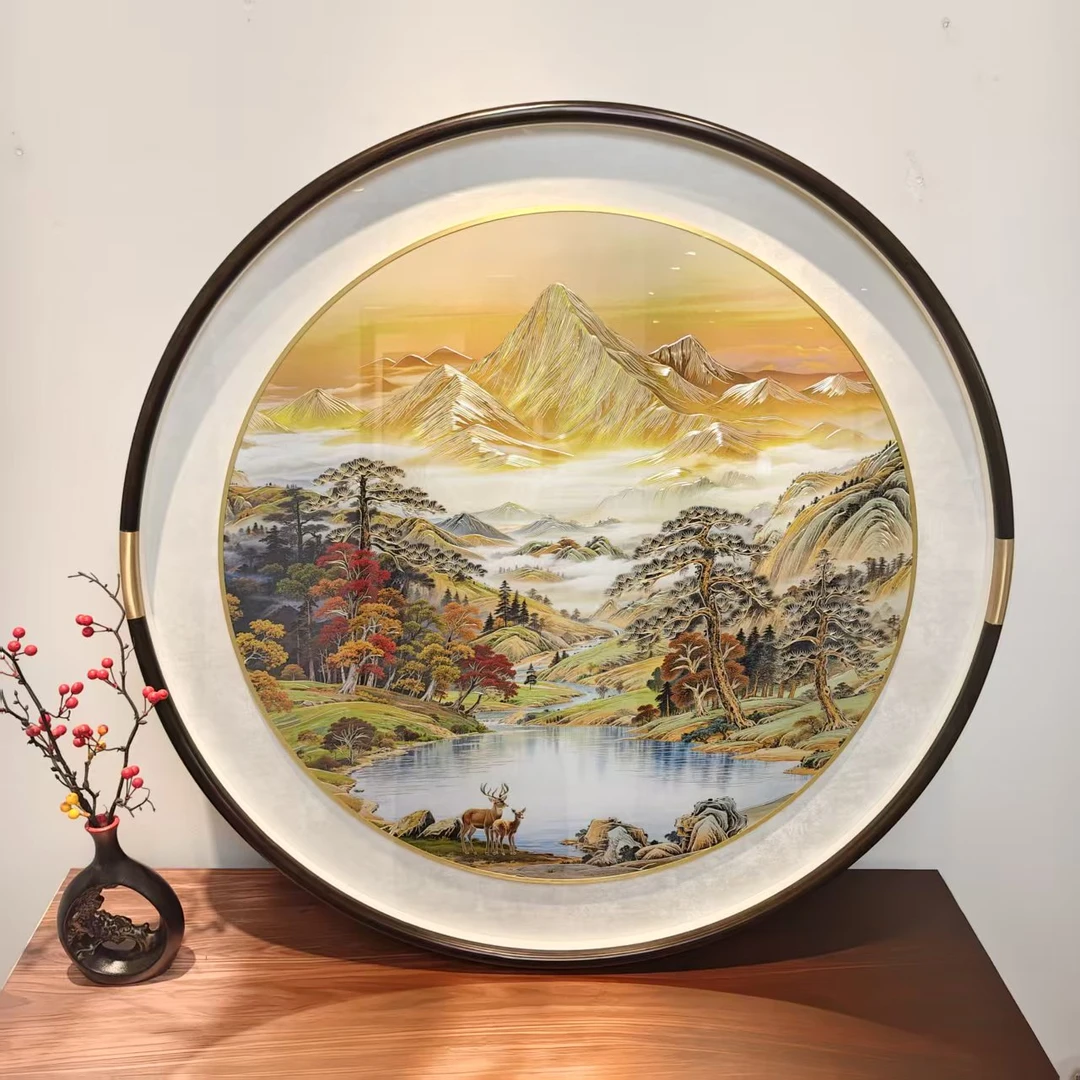 新中式玄关装饰画手工铜雕圆形金山聚宝盆客厅餐厅挂画