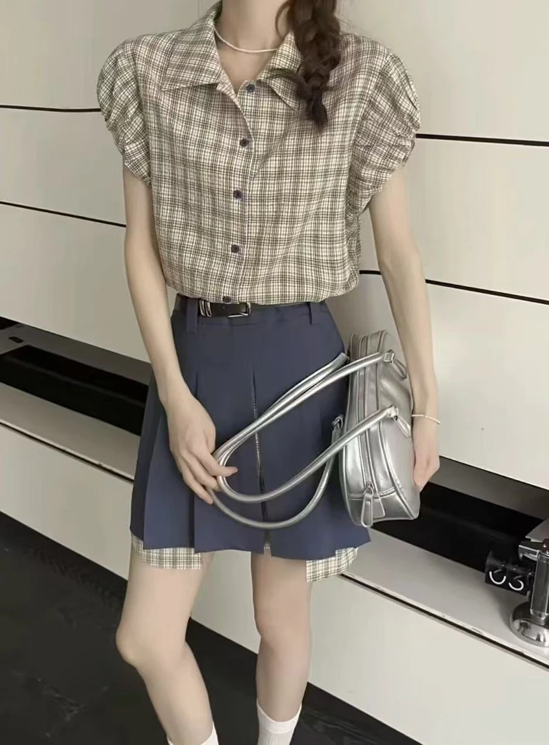 【A10】水#格子翻领上衣+半身裙【套装】
