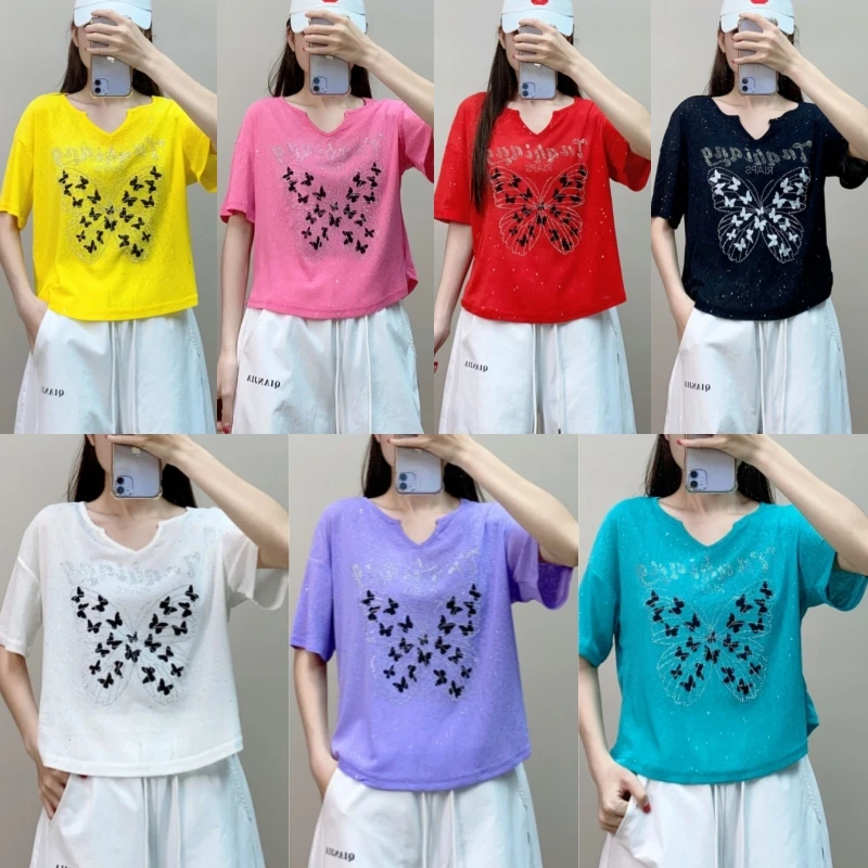 9578夏季新款蝴蝶烫钻洒金短袖宽松时尚百搭广场舞曳步舞跳舞衣服