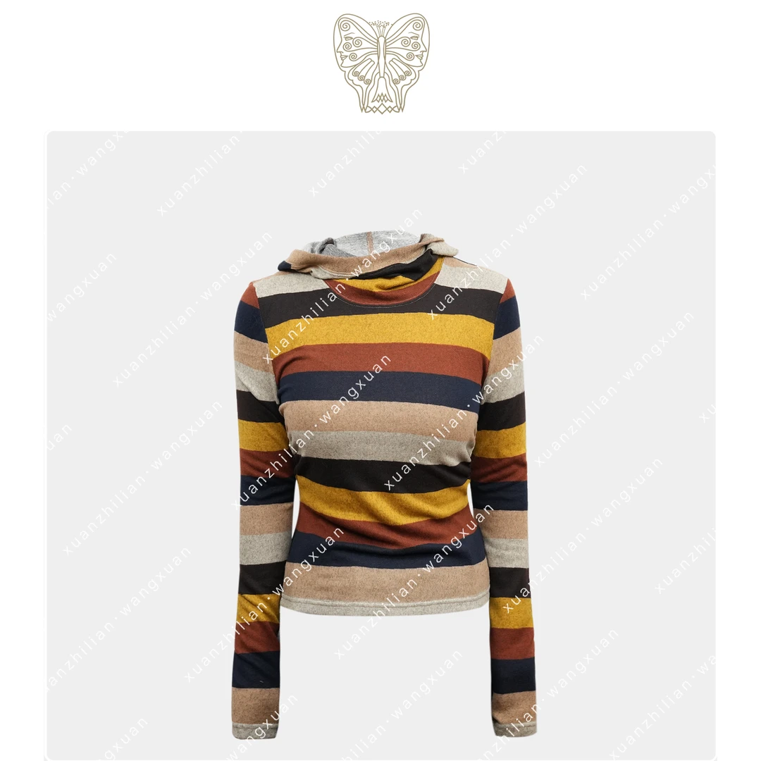 澜汐肌底衫 条纹休闲时尚欧若风连帽打底王璇原创设计