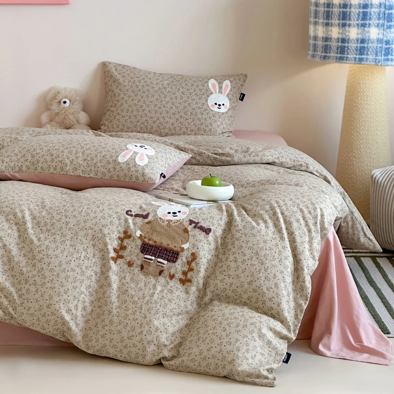 【MJ】设计师款全棉双层纱毛巾绣撞色卡通纯棉四件套三件套