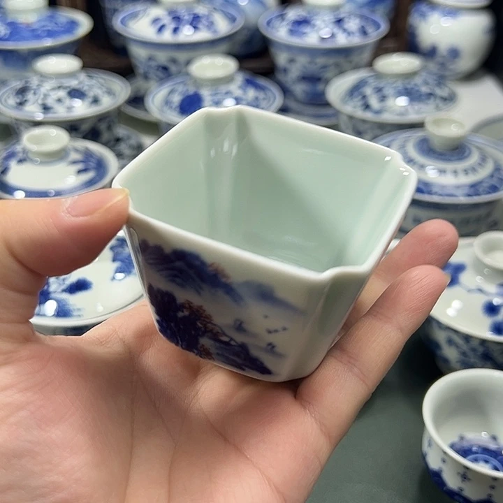 微瑕柴窑工笔山水四方杯