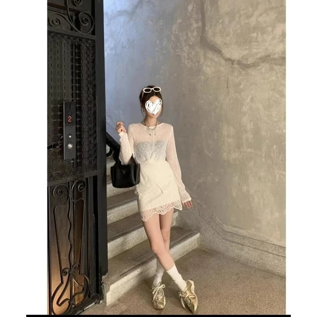 不规则设计感交叉收腰设计感小众微透冰丝针织上衣＋半裙套装