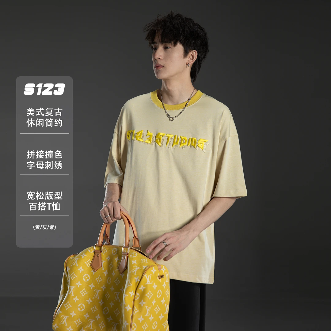 S123 夏季25SS新品 撞色领口重叠字母刺绣圆领短袖T恤男1147
