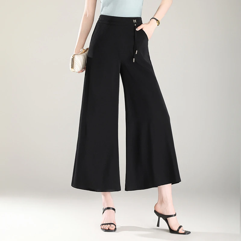 简约坠感阔腿裤女2024新款夏季显瘦大脚裤宽松高腰八分休闲裙裤