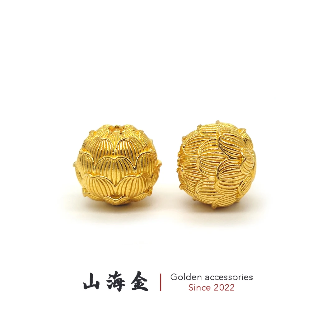 山海金 24K黄金999足金古法荷花圆珠錾刻隔珠文玩手串菩提DIY配饰