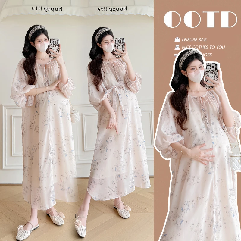 甜美气质孕妇夏季连衣裙2025新款时尚洋气显瘦碎花宽松大码连衣裙