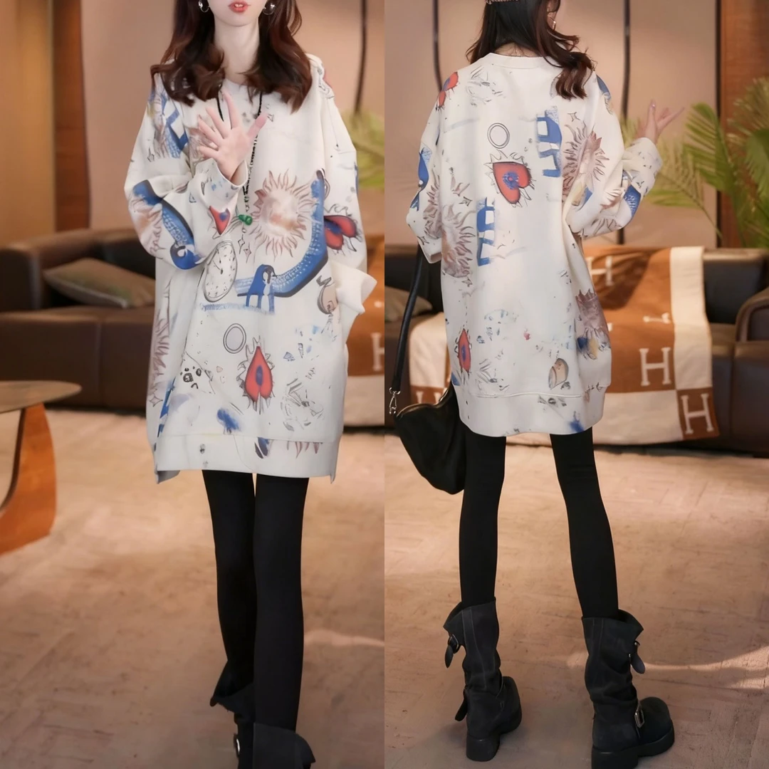 韩系时尚宽松遮肉显瘦2025秋冬卡通梦幻印花加厚保暖中长款卫衣女