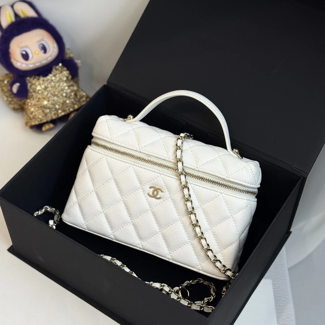 99新 Chanel/香奈儿 白金荔枝纹LP化妆盒链条单肩包