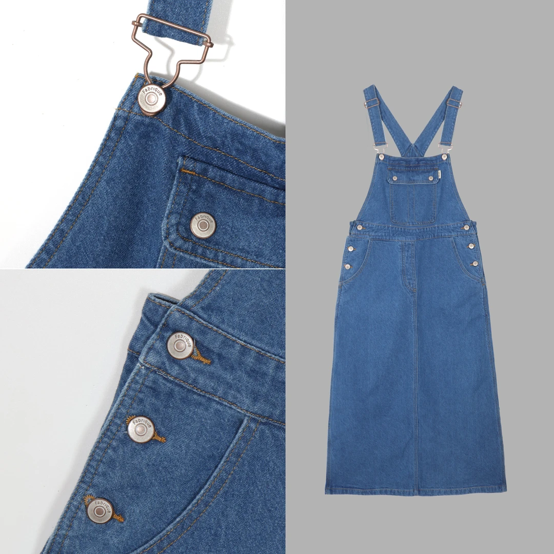 凯特丝蓓2559#高奢后开叉长款水洗气质牛仔连衣裙背带裙