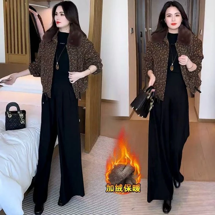 2025冬季妈妈新款印花短款外套女加绒加厚洋气显瘦保暖大毛领上衣