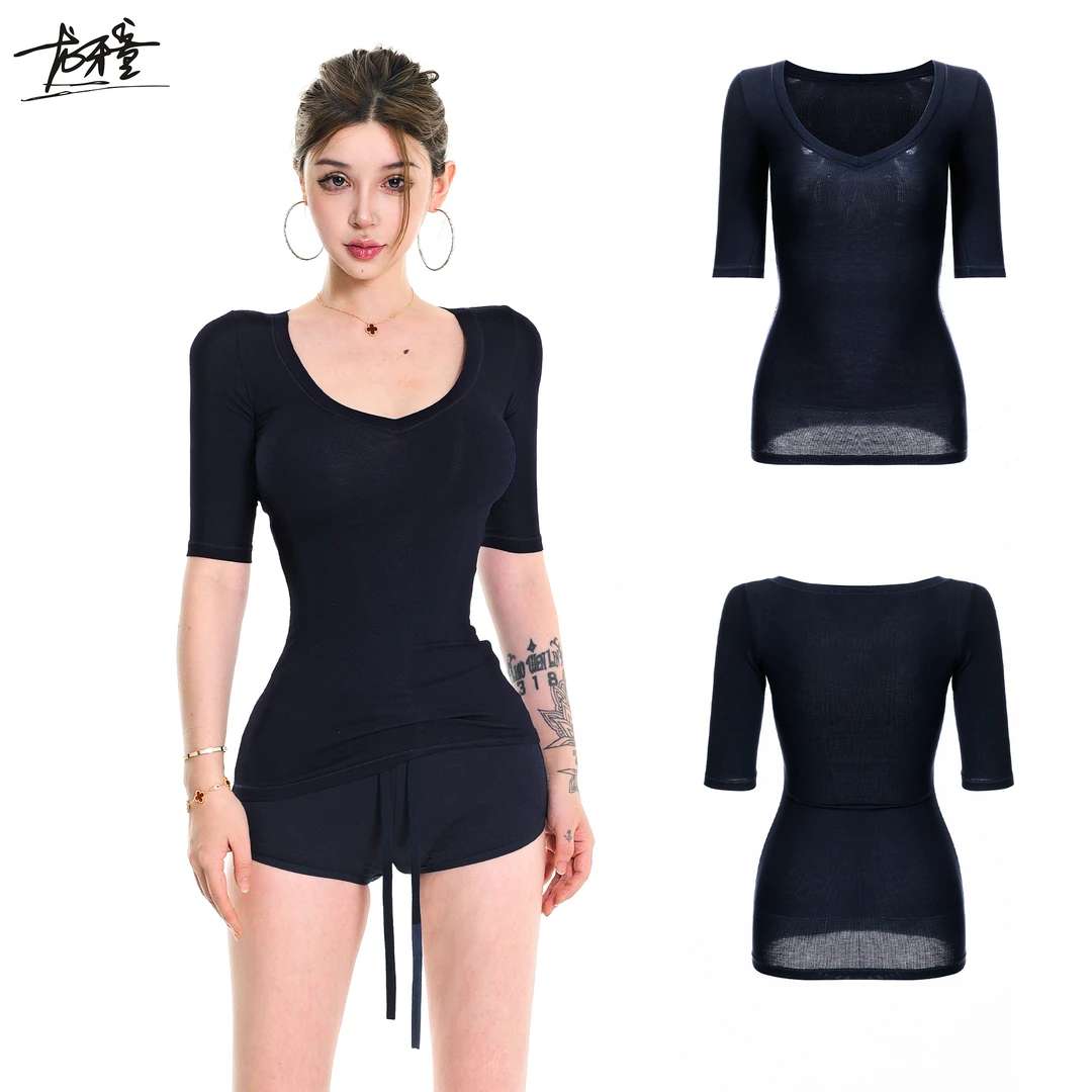 龙牙童推荐【正肩掐腰T】美式辣妹长袖女士修身t恤显瘦运动打底百搭