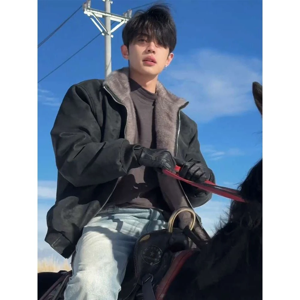 美式复古PU皮立领座山雕棉服男款冬季加厚保暖仿貂毛短款棉衣外套