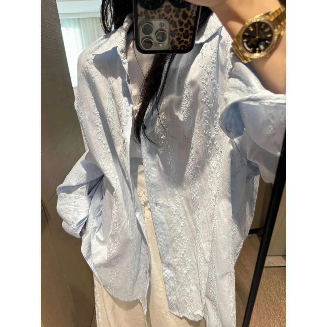 重工立体刺绣花大版廓形棉麻白衬衫2025年春夏新品奶蓝色衬衣外套